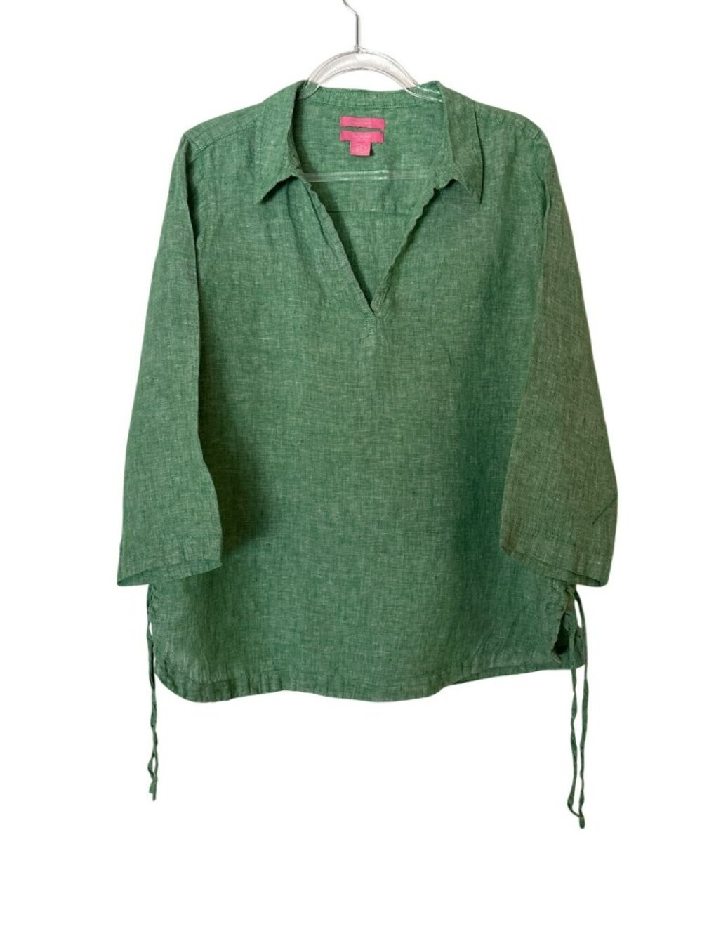 Isaac Mizrahi Green Linen Collared Blouse With Side Ties Size XL